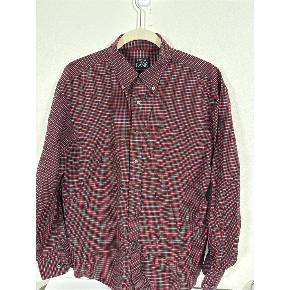 JOS.‎ A. BANK Classic Fit Men's Red Plaid Button Down Shirt L Large 100 % Cotton